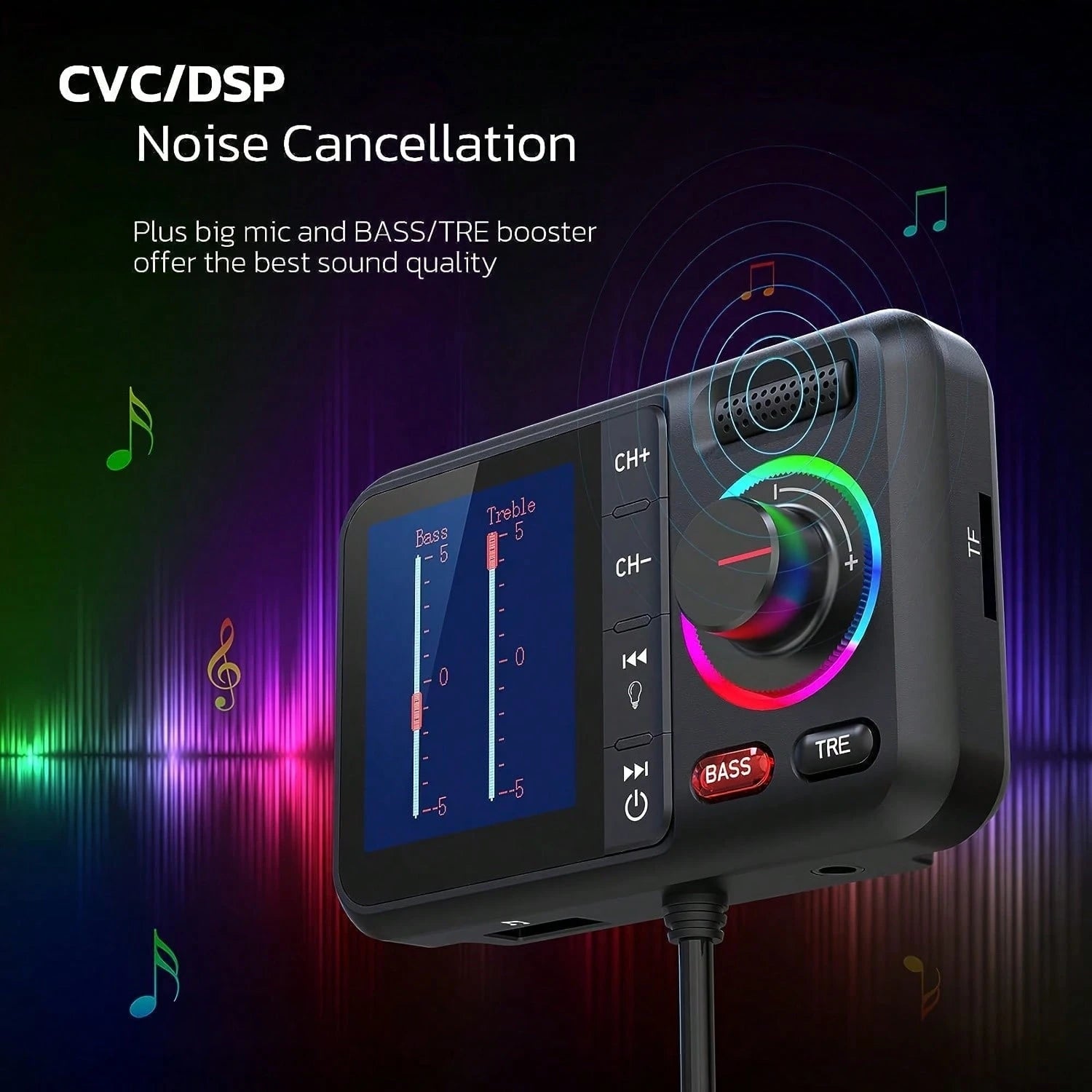 Smart Car Bluetooth FM Transmitter, High And Low Frequency Equalizer, Wireless Car Bluetooth V5.0 Adapter, With Large Color Screen, Supports QC3.0 Fast Charging Charger, Hands-Free Call, MP3 Music Pla