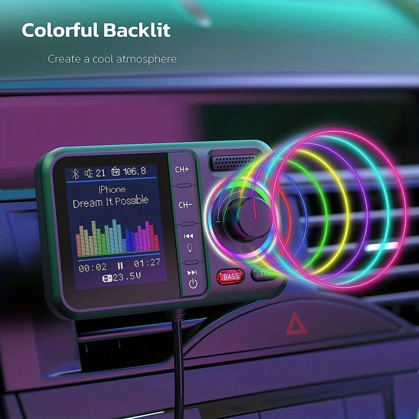 Smart Car Bluetooth FM Transmitter, High And Low Frequency Equalizer, Wireless Car Bluetooth V5.0 Adapter, With Large Color Screen, Supports QC3.0 Fast Charging Charger, Hands-Free Call, MP3 Music Pla
