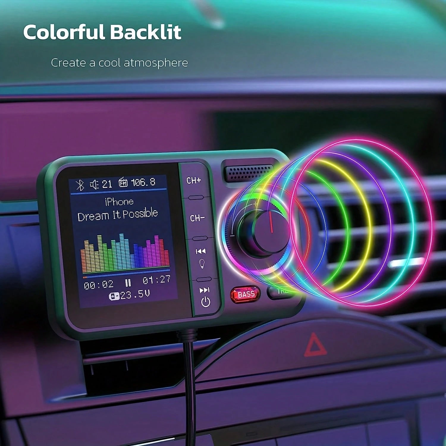 Smart Car Bluetooth FM Transmitter, High And Low Frequency Equalizer, Wireless Car Bluetooth V5.0 Adapter, With Large Color Screen, Supports QC3.0 Fast Charging Charger, Hands-Free Call, MP3 Music Pla
