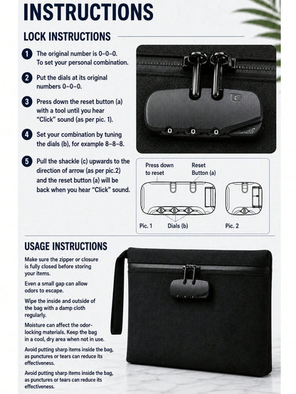 Smell Proof Bag With Combination Lock Set, Lockable Waterproof Travel Organizer For Odor-Free Storage & Everyday Use