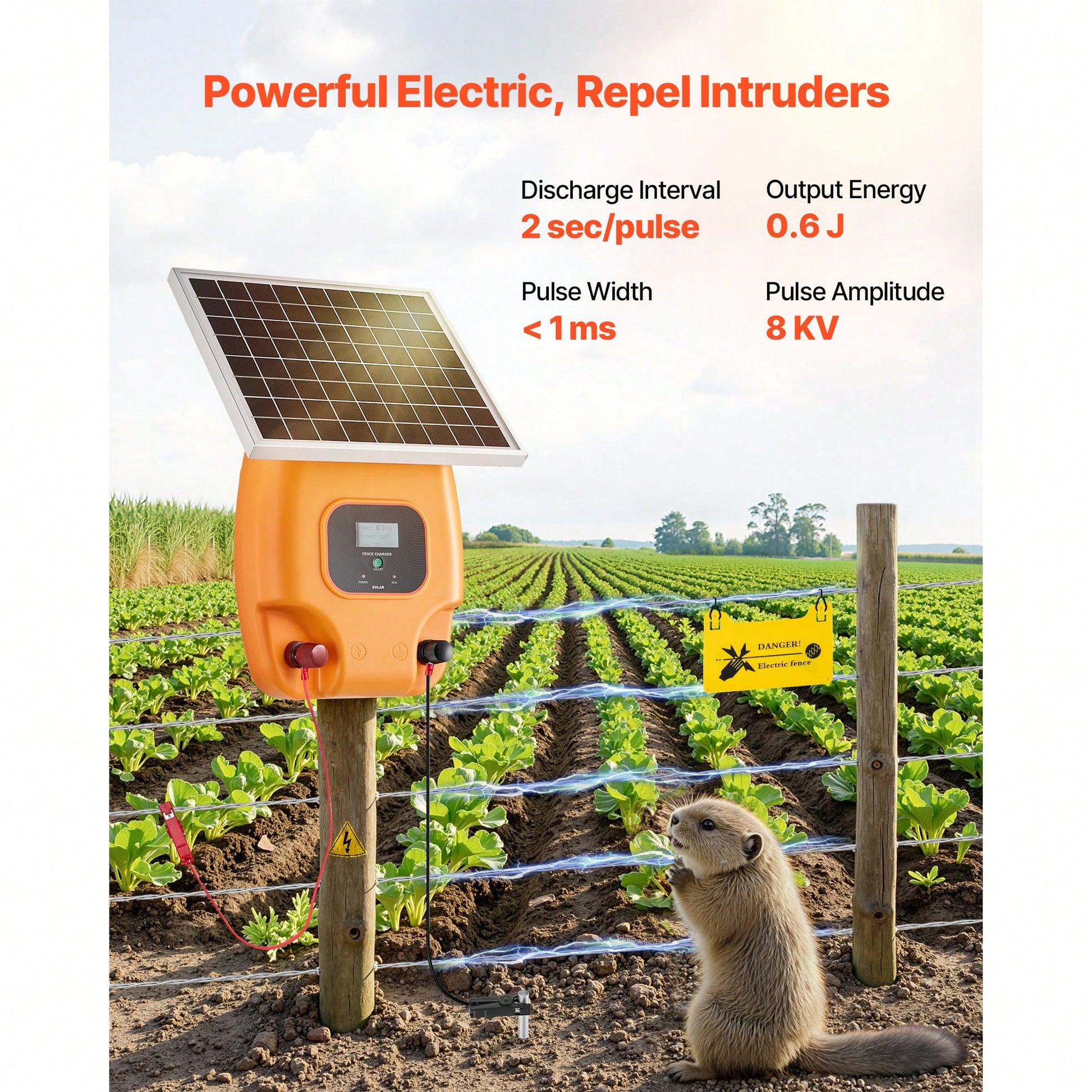 Solar Fence Charger, 1J 10kV Solar Powered Fence Charger, 1.86 Miles Range, Electric Fence Energizer Kit, Keep Out Predators, 3 Days Runtime, For Livestock, Poultry, Garden Protection