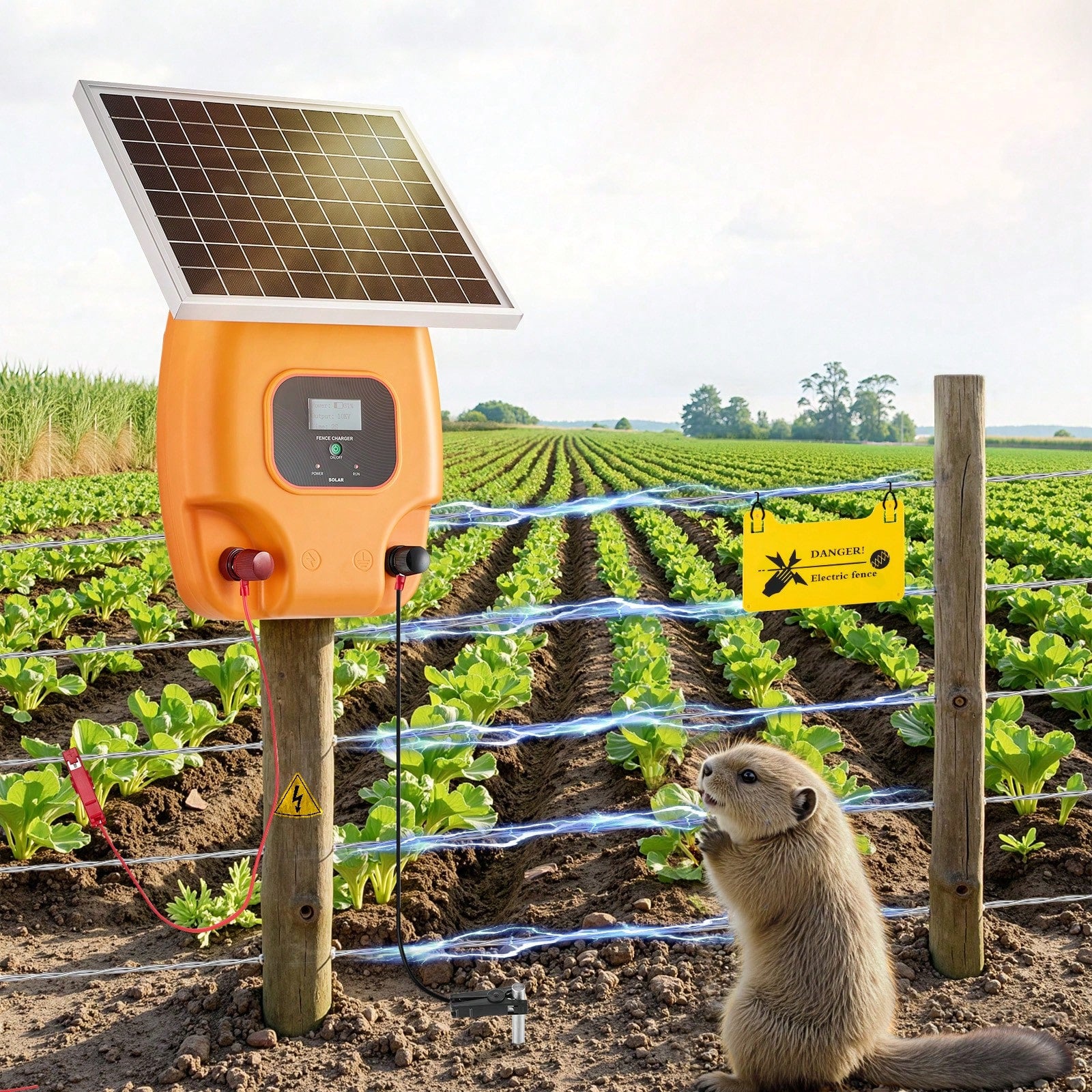 Solar Fence Charger, 1J 10kV Solar Powered Fence Charger, 1.86 Miles Range, Electric Fence Energizer Kit, Keep Out Predators, 3 Days Runtime, For Livestock, Poultry, Garden Protection