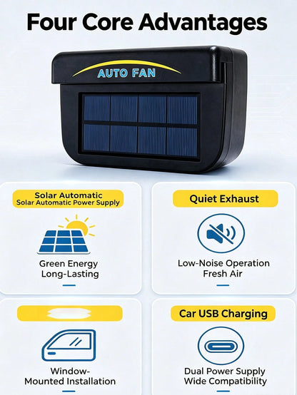 Solar Powered Car Ventilator Vehicle Exhaust Fan Window Automobile Cool Cooler Ventilation System Radiator For Windshield Air Circulation Solar/USB Powered Exhaust Radiator Fan Or Vehicle,Van, Truck