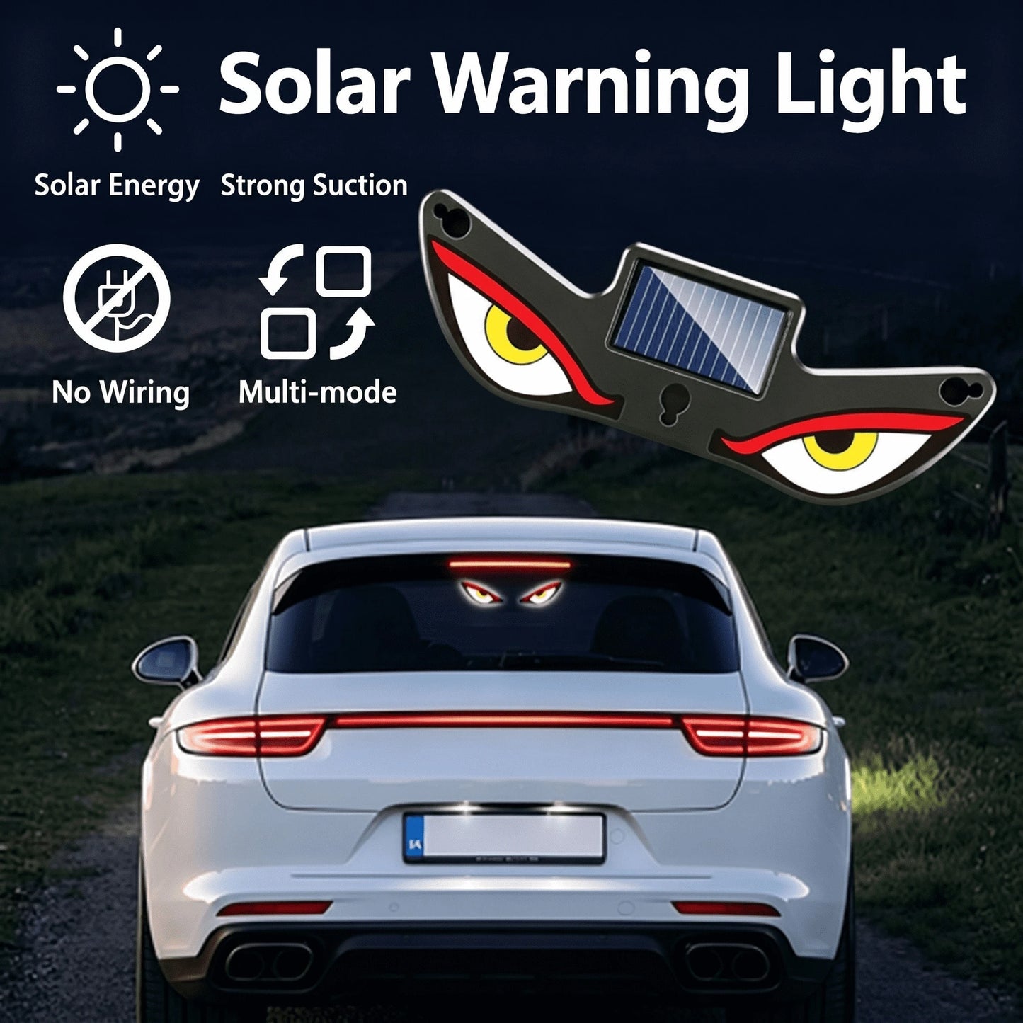 Solar Powered Demon Eye LED Car Window Warning Light, Wireless Triangle Corner Decorative Lamp With Multi-Mode Lighting, Auto On/Off Light Sensor For Vehicle Side Window Interior Ambient Glow, No Wiri