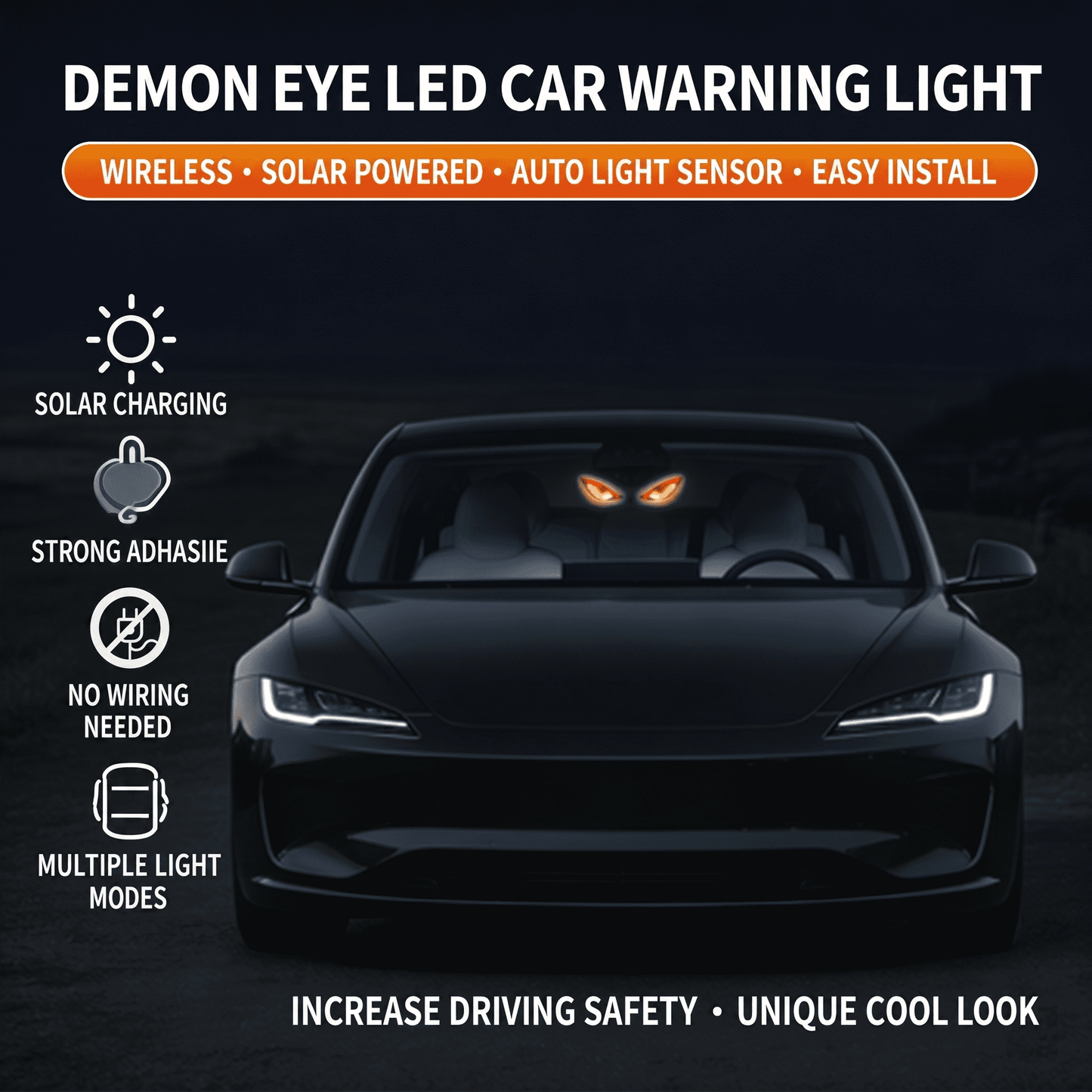 Solar Powered Demon Eye LED Car Window Warning Light, Wireless Triangle Corner Decorative Lamp With Multi-Mode Lighting, Auto On/Off Light Sensor For Vehicle Side Window Interior Ambient Glow, No Wiri