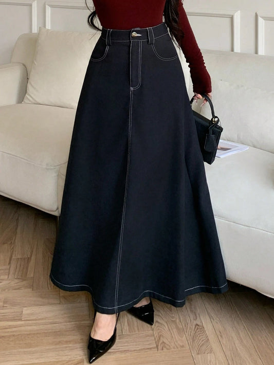 Solavon New Retro Contrast Color Waistline Slimming A-Line Umbrella Skirt, Chic Korean Style