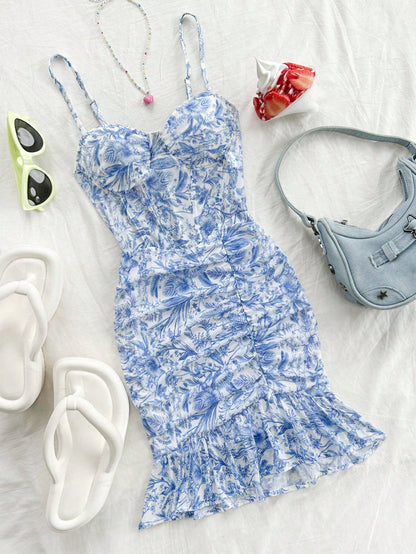 Soleia Blue & White Vintage Mesh Floral Bodycon Dress With Cups, Knit Stretchy, Ruched & Romantic Casual Vacation Outfits For Women,Pastel Dresses For Women