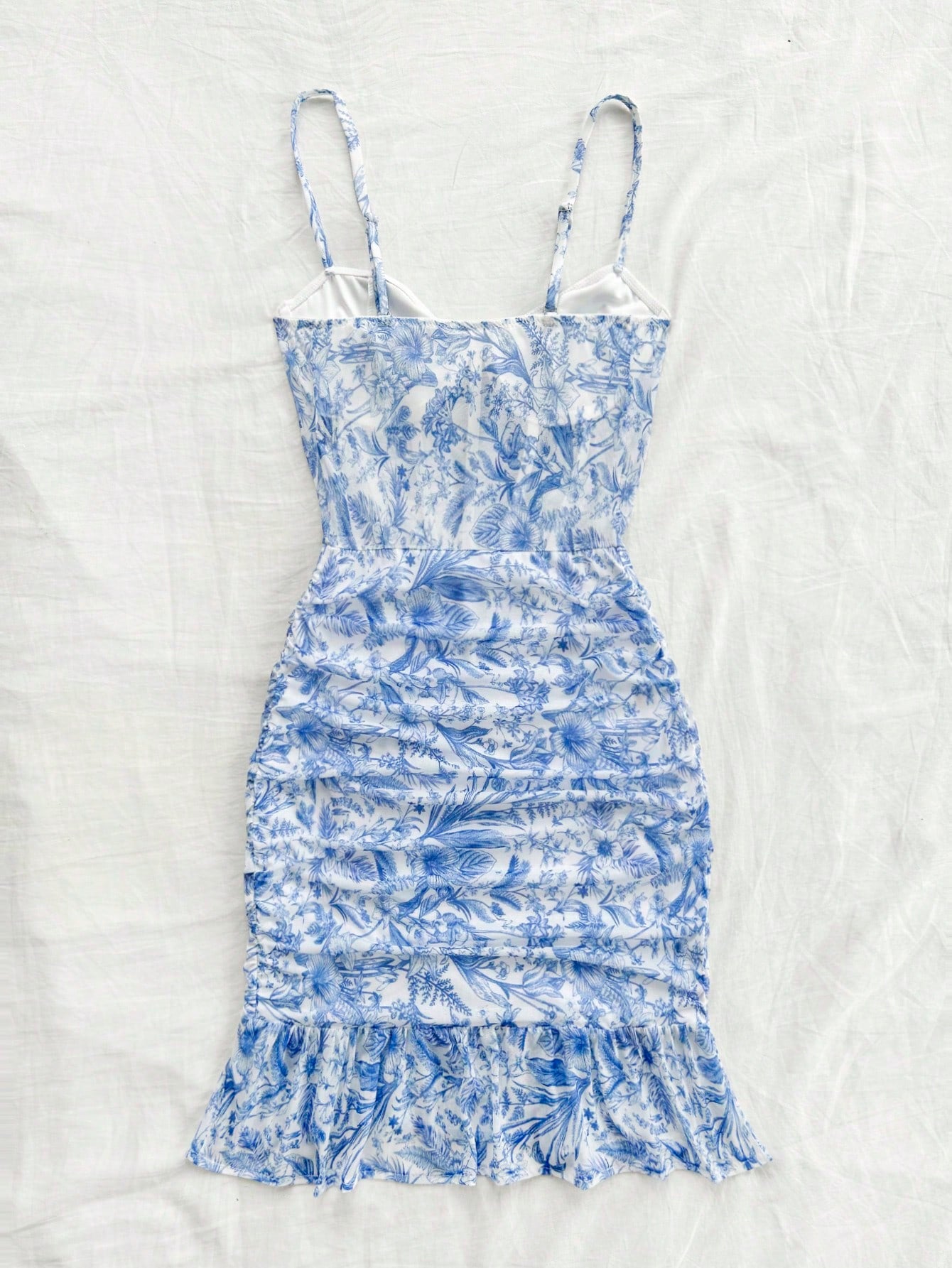 Soleia Blue & White Vintage Mesh Floral Bodycon Dress With Cups, Knit Stretchy, Ruched & Romantic Casual Vacation Outfits For Women,Pastel Dresses For Women