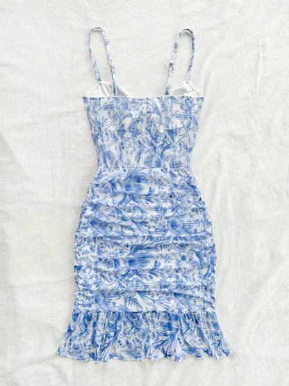 Soleia Blue & White Vintage Mesh Floral Bodycon Dress With Cups, Knit Stretchy, Ruched & Romantic Casual Vacation Outfits For Women,Pastel Dresses For Women