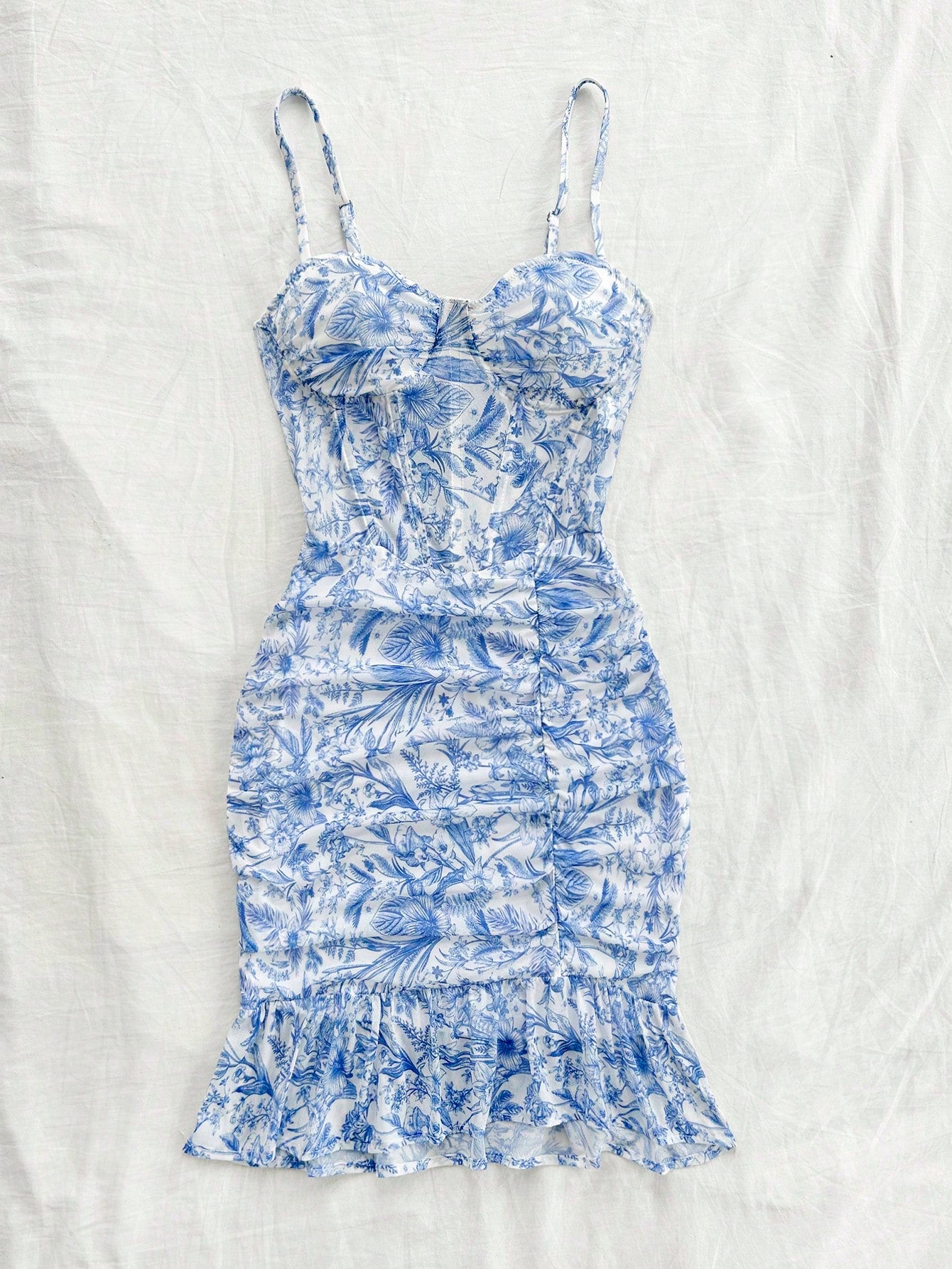 Soleia Blue & White Vintage Mesh Floral Bodycon Dress With Cups, Knit Stretchy, Ruched & Romantic Casual Vacation Outfits For Women,Pastel Dresses For Women