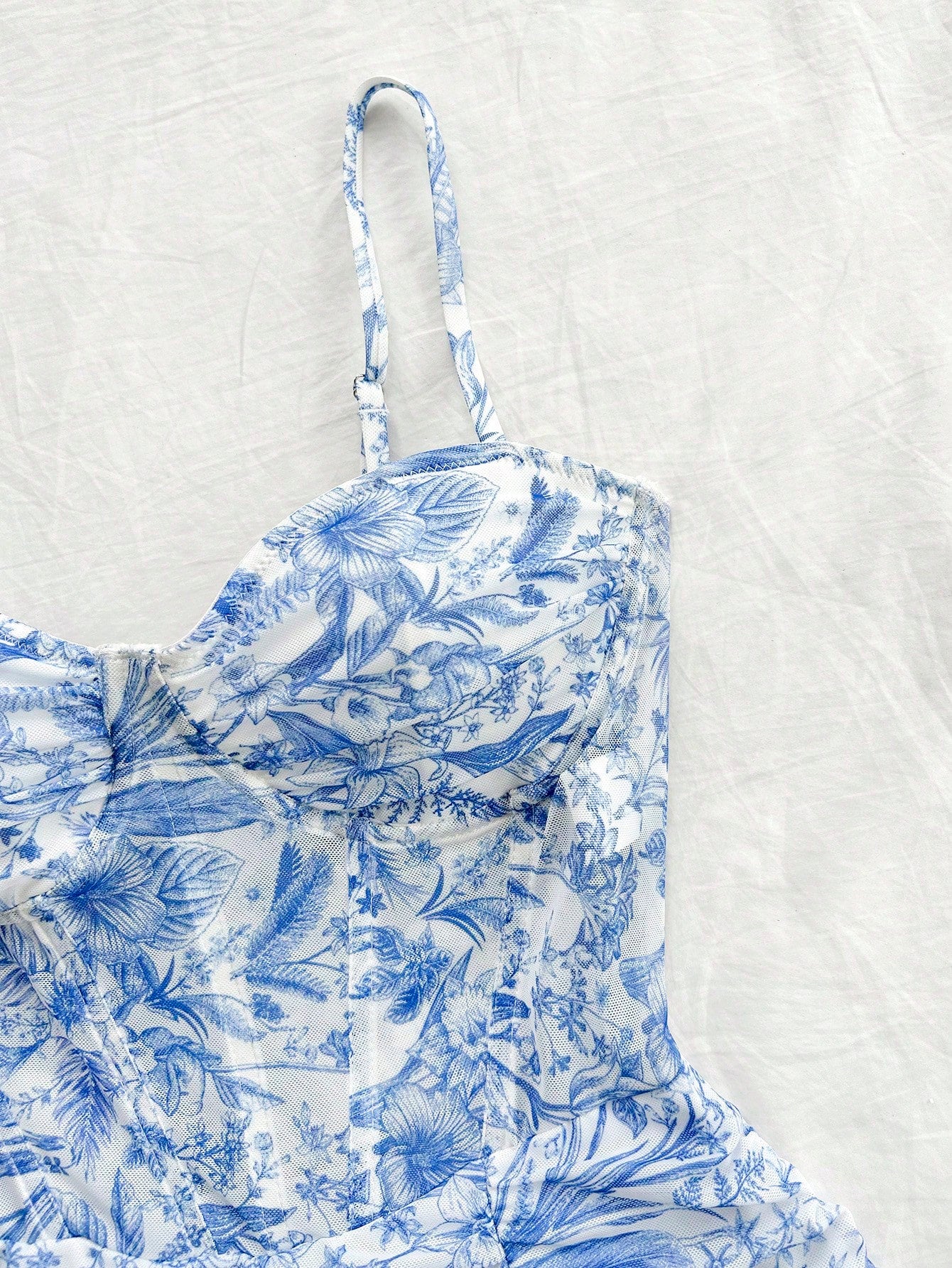 Soleia Blue & White Vintage Mesh Floral Bodycon Dress With Cups, Knit Stretchy, Ruched & Romantic Casual Vacation Outfits For Women,Pastel Dresses For Women