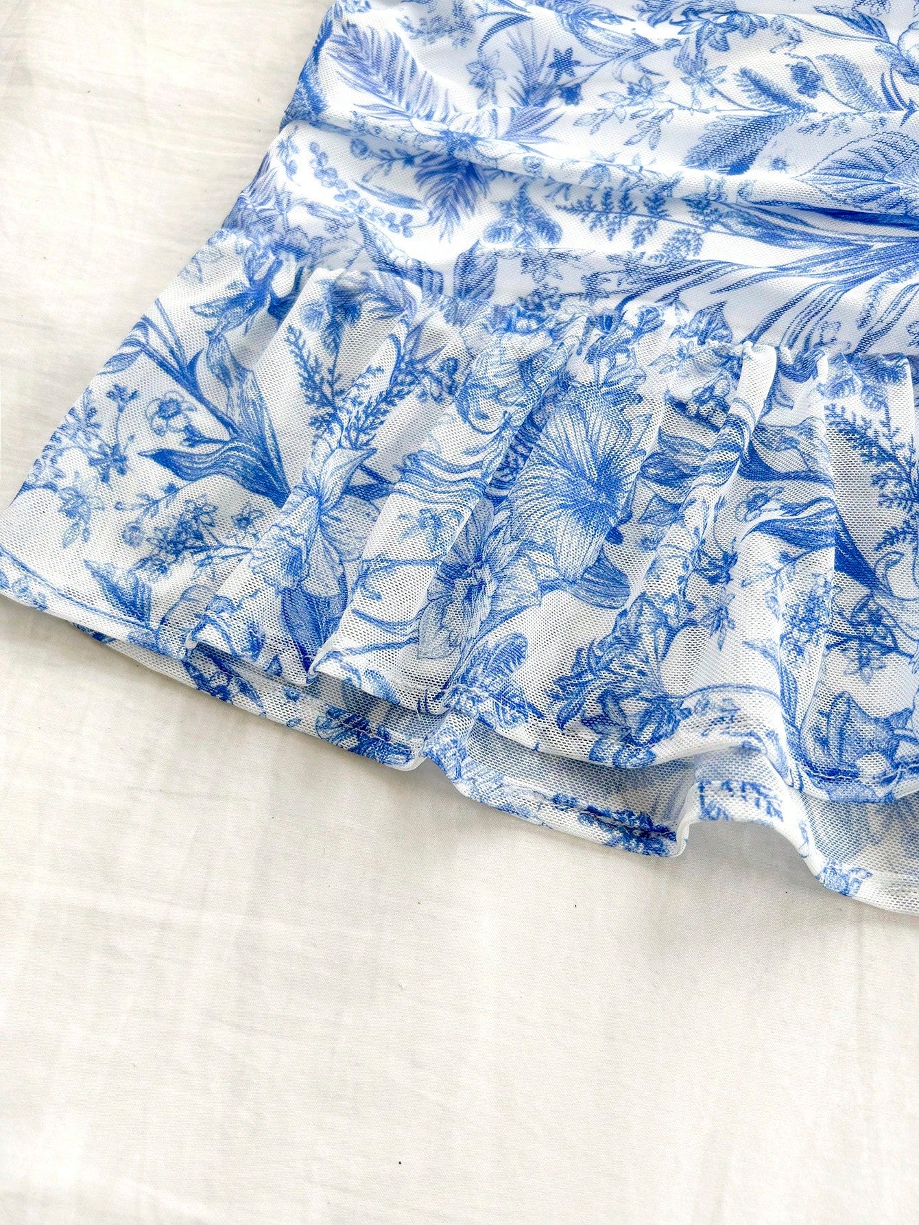 Soleia Blue & White Vintage Mesh Floral Bodycon Dress With Cups, Knit Stretchy, Ruched & Romantic Casual Vacation Outfits For Women,Pastel Dresses For Women