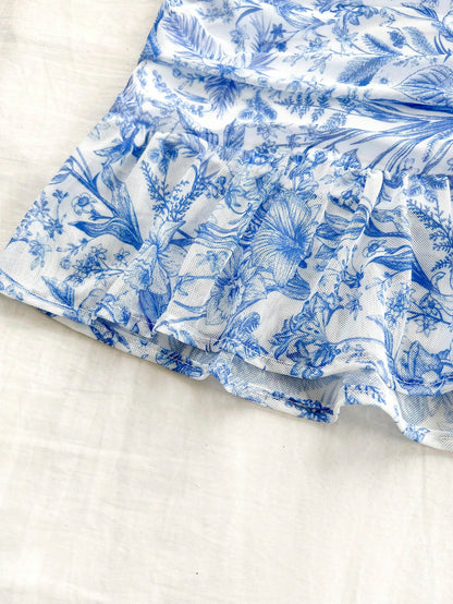 Soleia Blue & White Vintage Mesh Floral Bodycon Dress With Cups, Knit Stretchy, Ruched & Romantic Casual Vacation Outfits For Women,Pastel Dresses For Women