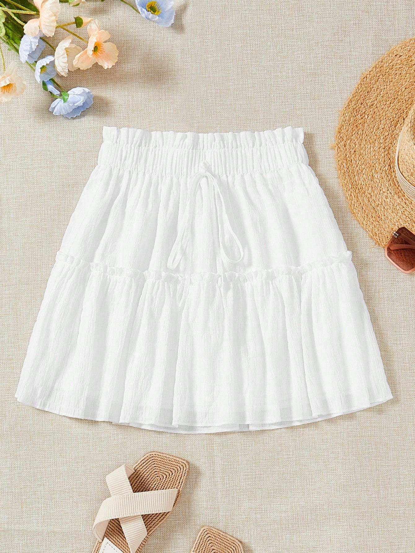 Soleia Casual Summer Skirt With Tie, Frill Trim And Decorative Details