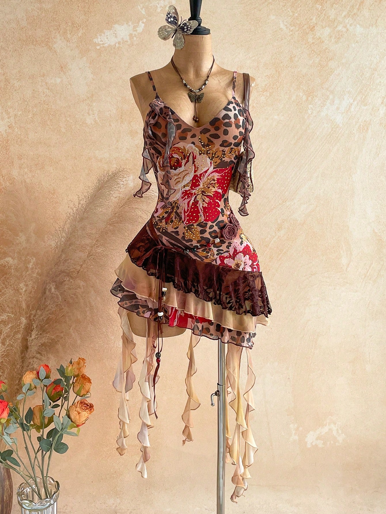 Soleia Elegant Sexy Spaghetti Strap Leopard Print Floral Patchwork Ruffle Hem Mini Dress Bohemian Boho Vacation Summer Women Club Night Out Party Brown