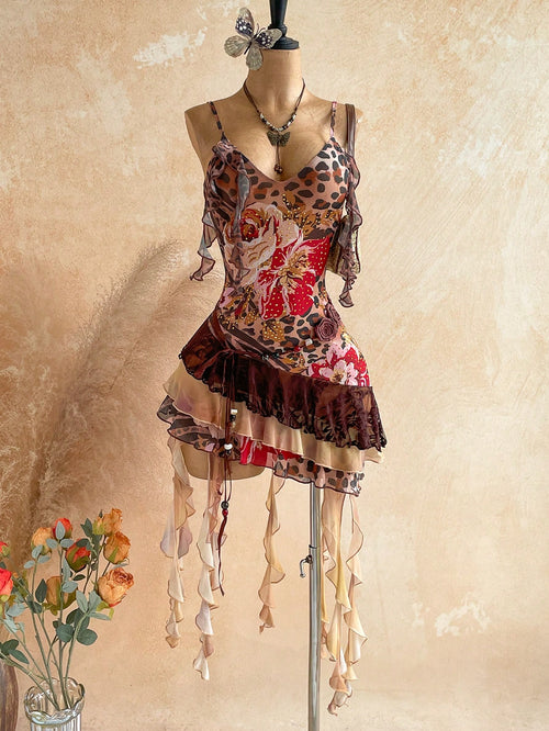 Soleia Elegant Sexy Spaghetti Strap Leopard Print Floral Patchwork Ruffle Hem Mini Dress Bohemian Boho Vacation Summer Women Club Night Out Party Brown