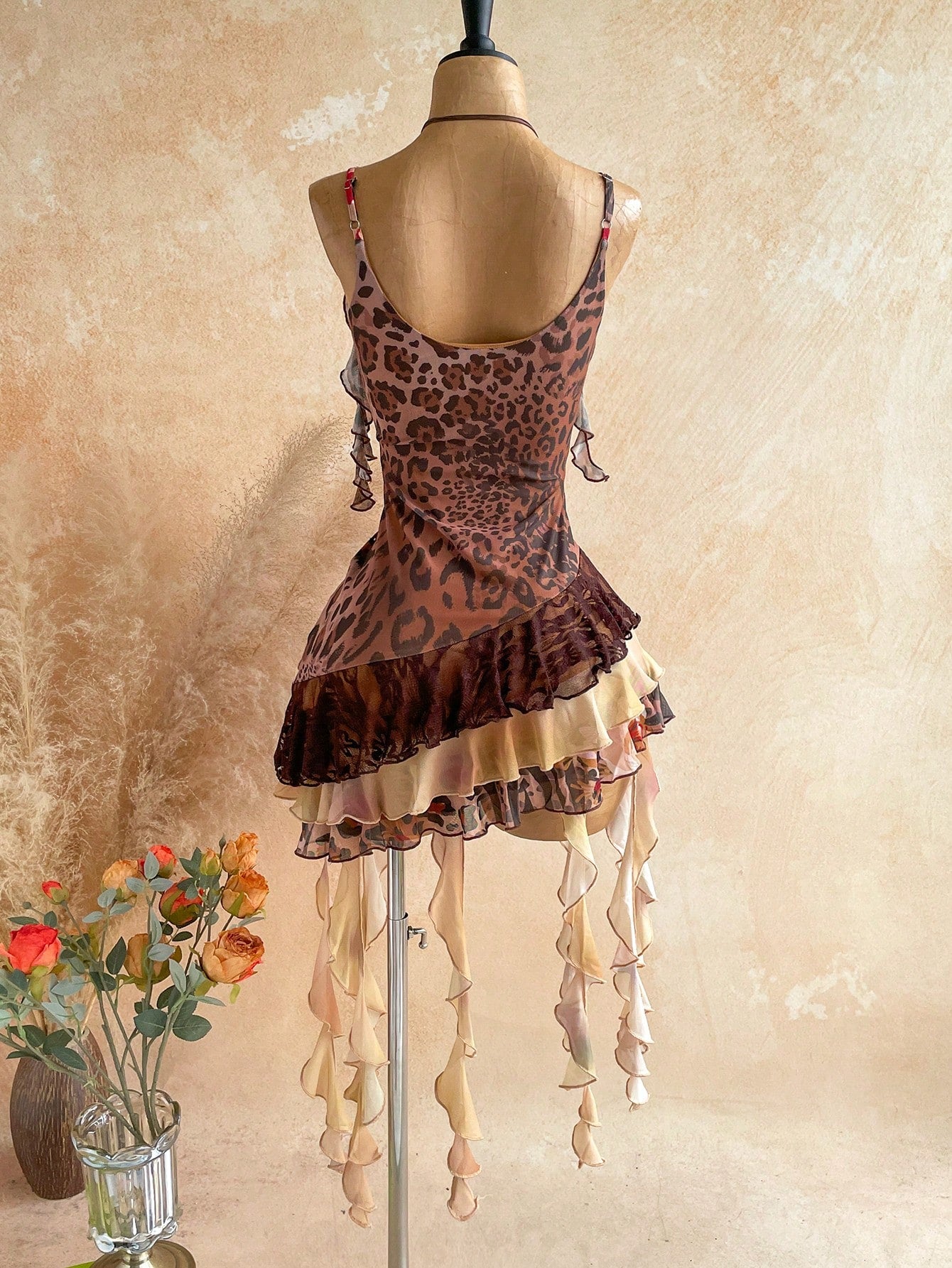 Soleia Elegant Sexy Spaghetti Strap Leopard Print Floral Patchwork Ruffle Hem Mini Dress Bohemian Boho Vacation Summer Women Club Night Out Party Brown