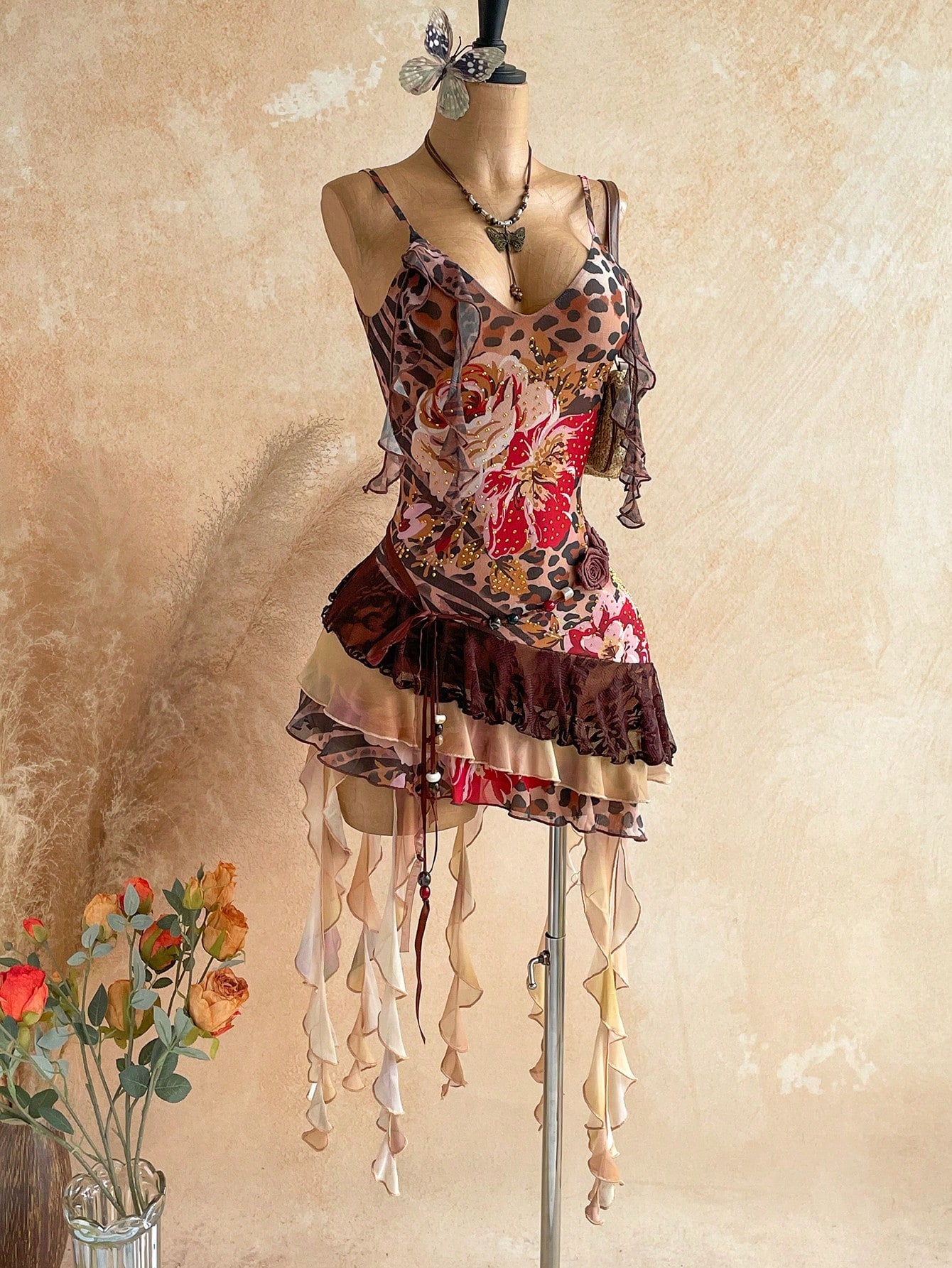 Soleia Elegant Sexy Spaghetti Strap Leopard Print Floral Patchwork Ruffle Hem Mini Dress Bohemian Boho Vacation Summer Women Club Night Out Party Brown