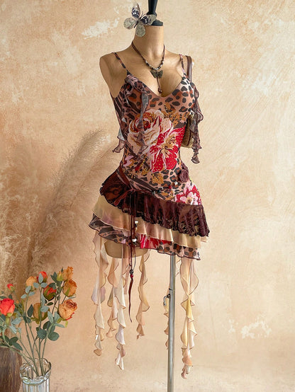 Soleia Elegant Sexy Spaghetti Strap Leopard Print Floral Patchwork Ruffle Hem Mini Dress Bohemian Boho Vacation Summer Women Club Night Out Party Brown