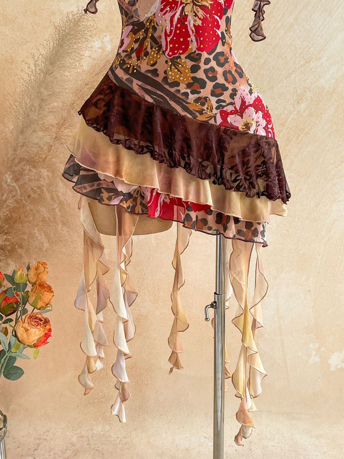 Soleia Elegant Sexy Spaghetti Strap Leopard Print Floral Patchwork Ruffle Hem Mini Dress Bohemian Boho Vacation Summer Women Club Night Out Party Brown