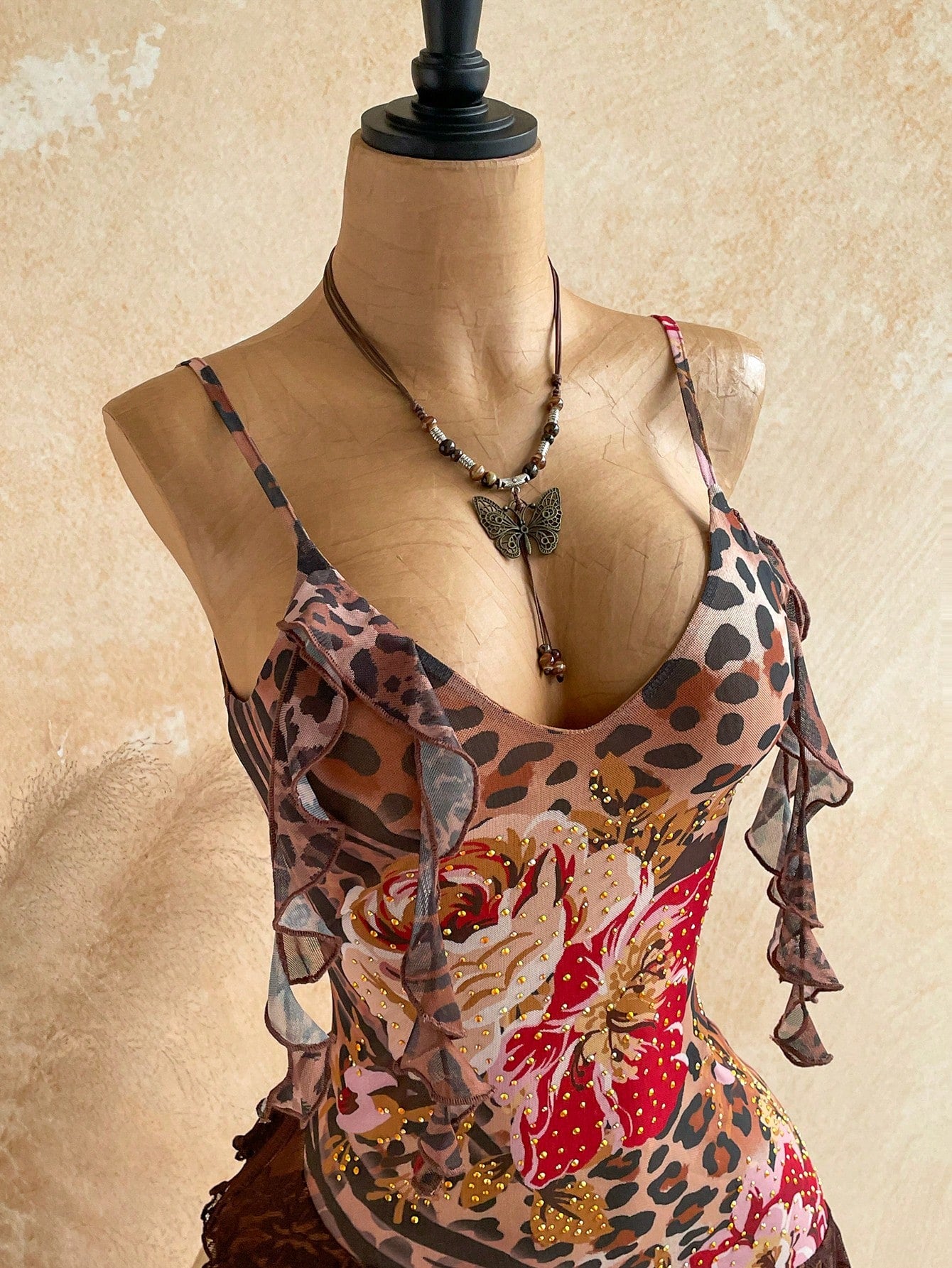 Soleia Elegant Sexy Spaghetti Strap Leopard Print Floral Patchwork Ruffle Hem Mini Dress Bohemian Boho Vacation Summer Women Club Night Out Party Brown