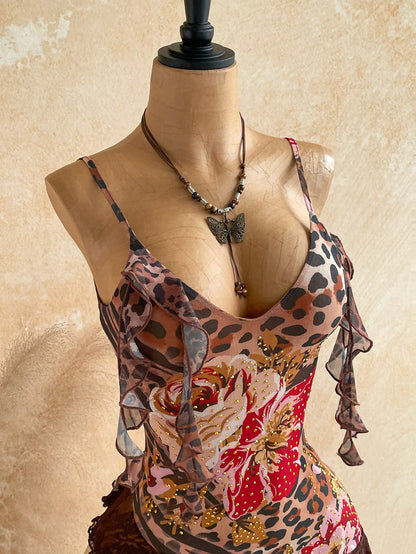 Soleia Elegant Sexy Spaghetti Strap Leopard Print Floral Patchwork Ruffle Hem Mini Dress Bohemian Boho Vacation Summer Women Club Night Out Party Brown