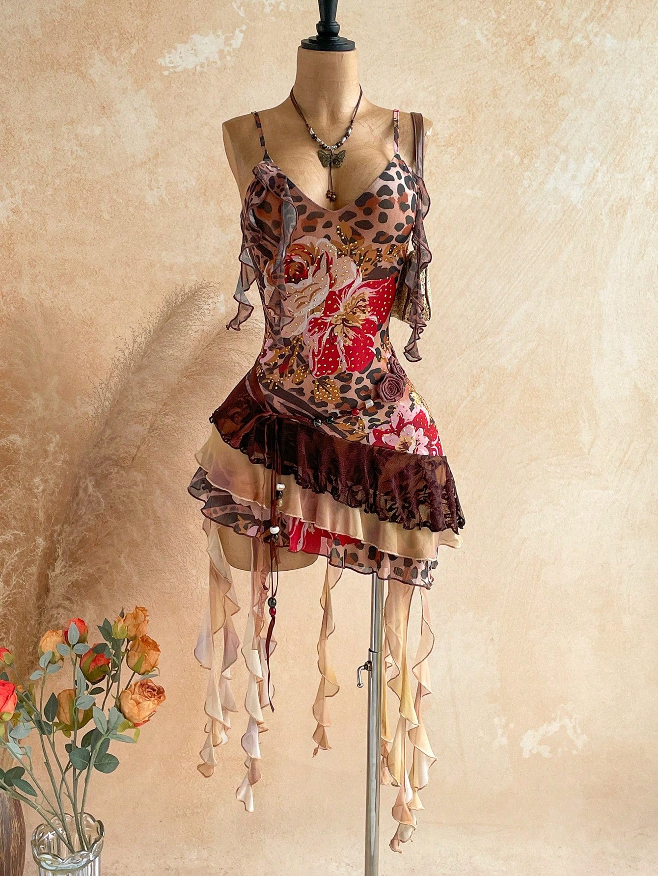 Soleia Elegant Sexy Spaghetti Strap Leopard Print Floral Patchwork Ruffle Hem Mini Dress Bohemian Boho Vacation Summer Women Club Night Out Party Brown