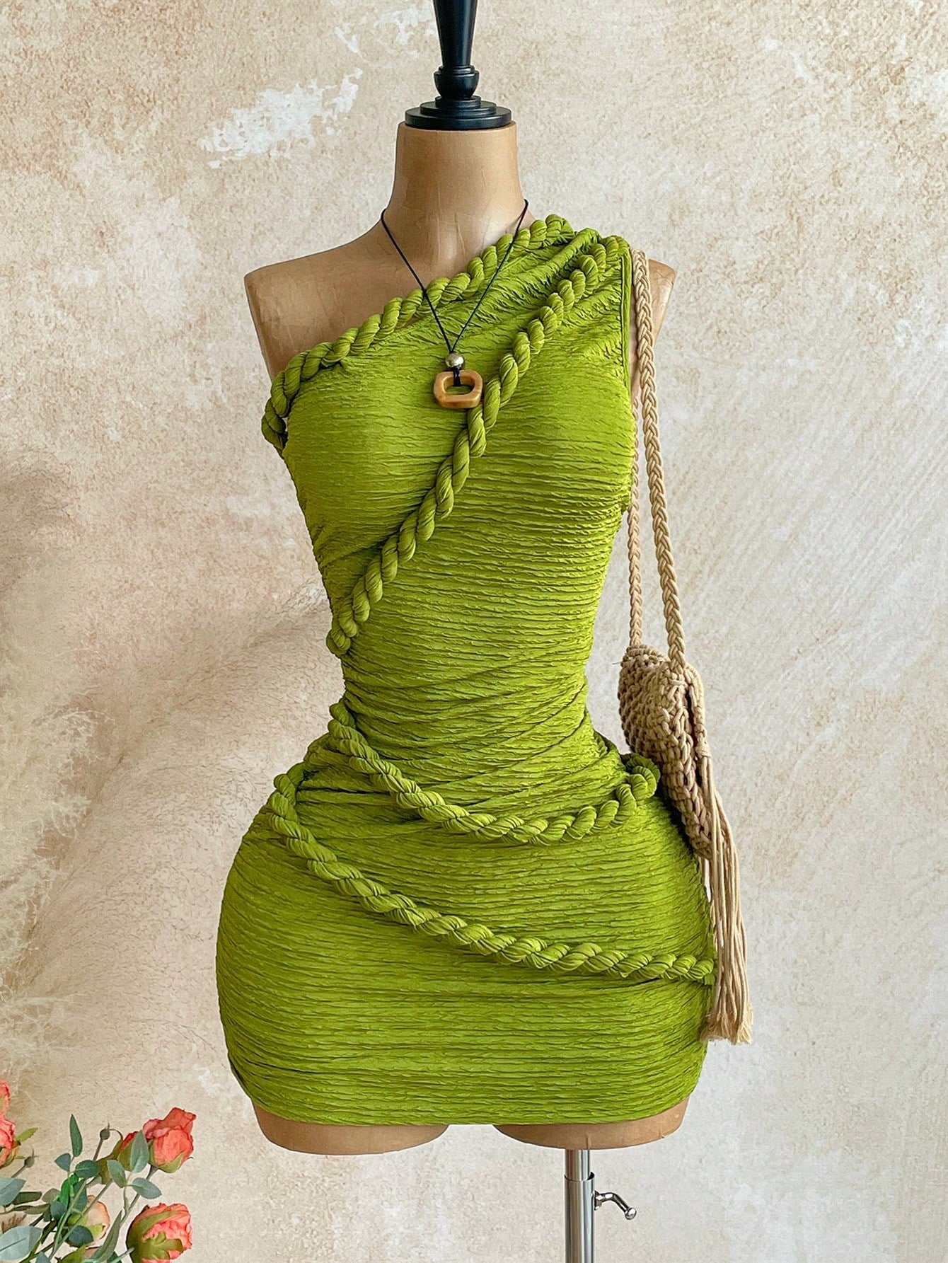 Soleia New Vacation Braided One Shoulder Slim Fit Mini Dress, Bohemian, Boho, Vacation, Fall Women Clothes, Vintage, Holiday,Summer Dresses For Women