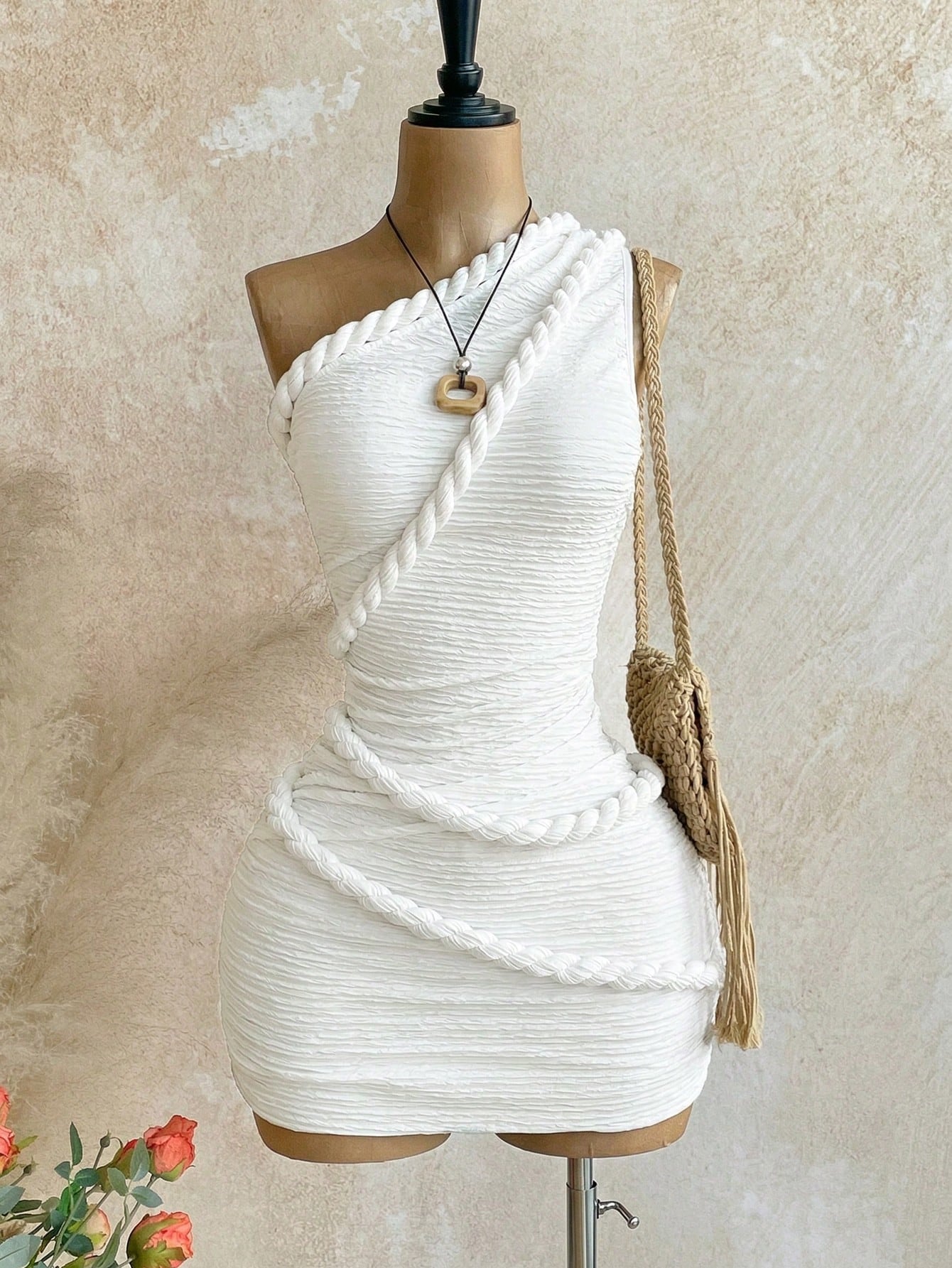 Soleia New Vacation Braided One Shoulder Slim Fit Mini Dress, Bohemian, Boho, Vacation, Fall Women Clothes, Vintage, Holiday,Summer Dresses For Women