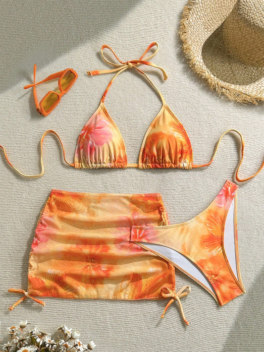 Soleia Plus Size Women Floral Print Halter Knotted Bikini Set With Sarong Skirt, Vacation Beach Outfit