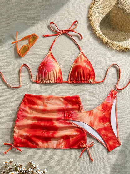 Soleia Plus Size Women Floral Print Halter Knotted Bikini Set With Sarong Skirt, Vacation Beach Outfit