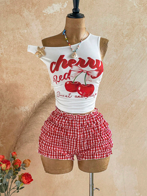 Soleia Women's Cherry Letter Print Asymmetrical Shoulder Top And Plaid Shorts 2-Piece Set Vacation Red And White Red Gingham Summer Cute