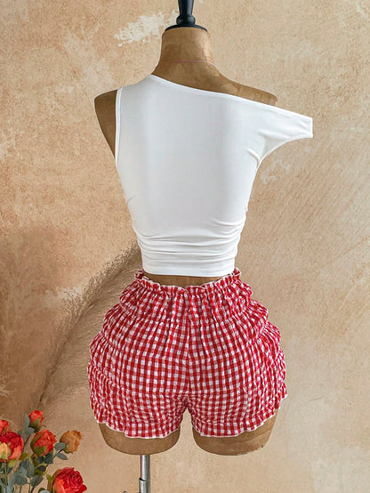 Soleia Women's Cherry Letter Print Asymmetrical Shoulder Top And Plaid Shorts 2-Piece Set Vacation Red And White Red Gingham Summer Cute