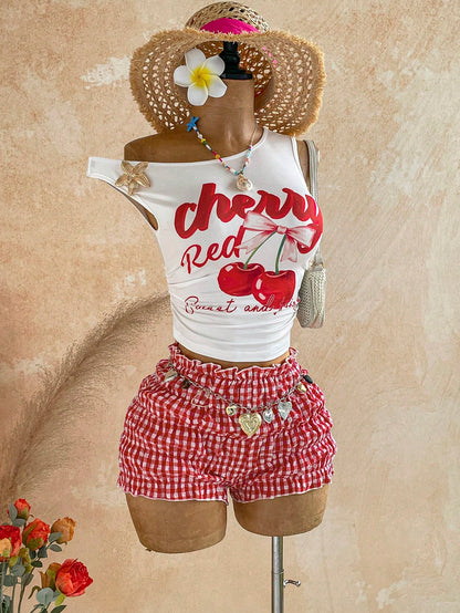 Soleia Women's Cherry Letter Print Asymmetrical Shoulder Top And Plaid Shorts 2-Piece Set Vacation Red And White Red Gingham Summer Cute