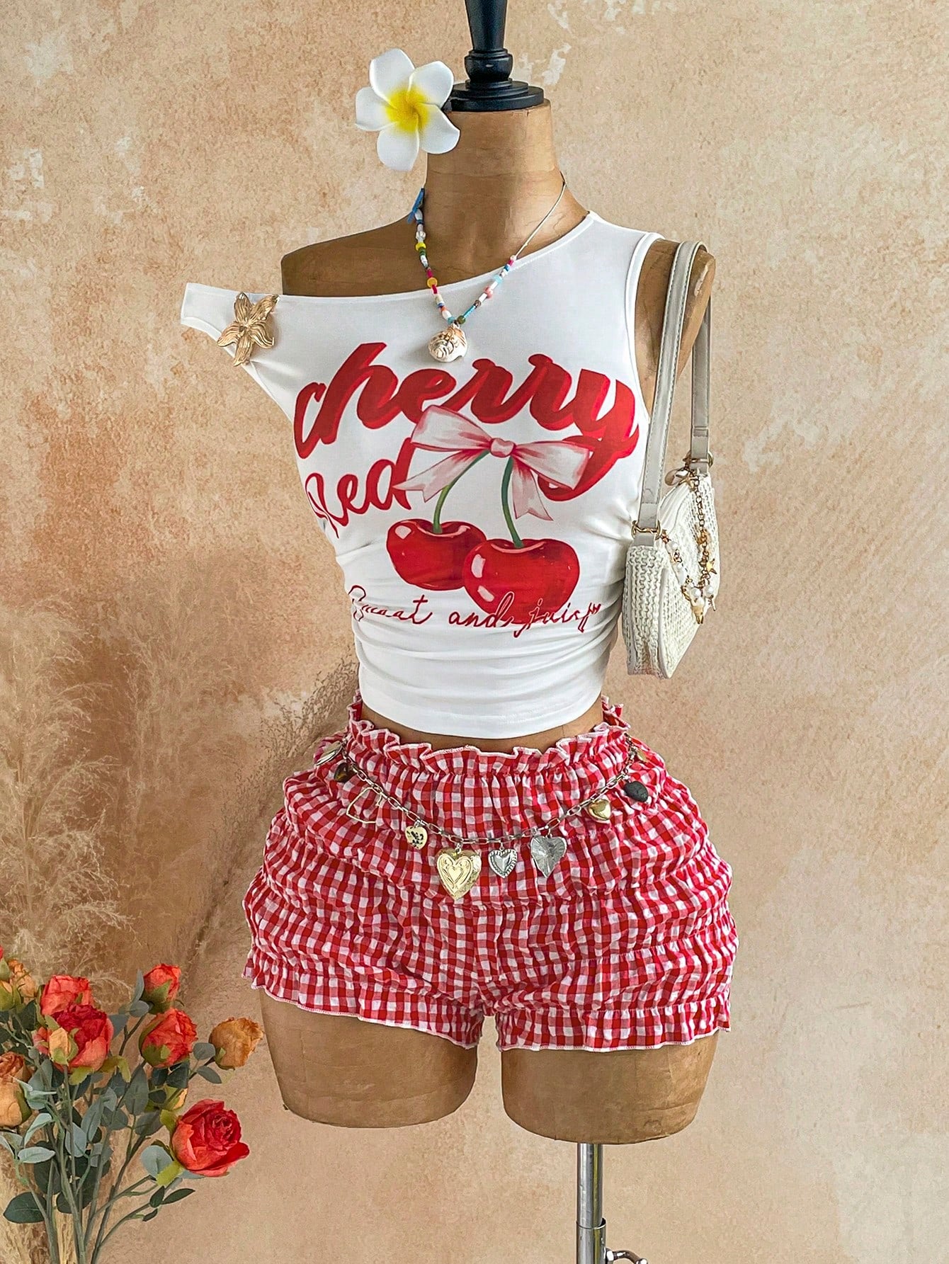 Soleia Women's Cherry Letter Print Asymmetrical Shoulder Top And Plaid Shorts 2-Piece Set Vacation Red And White Red Gingham Summer Cute