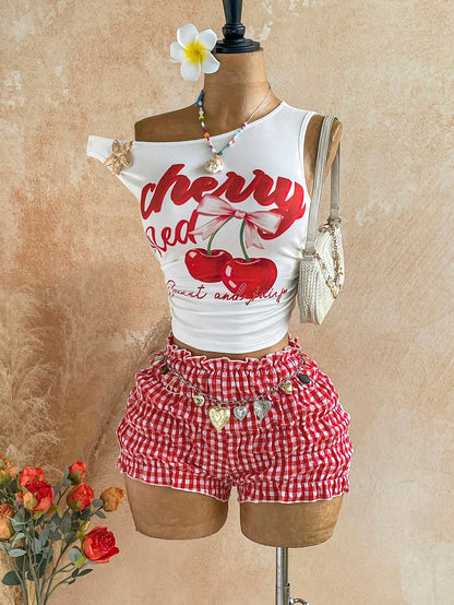 Soleia Women's Cherry Letter Print Asymmetrical Shoulder Top And Plaid Shorts 2-Piece Set Vacation Red And White Red Gingham Summer Cute