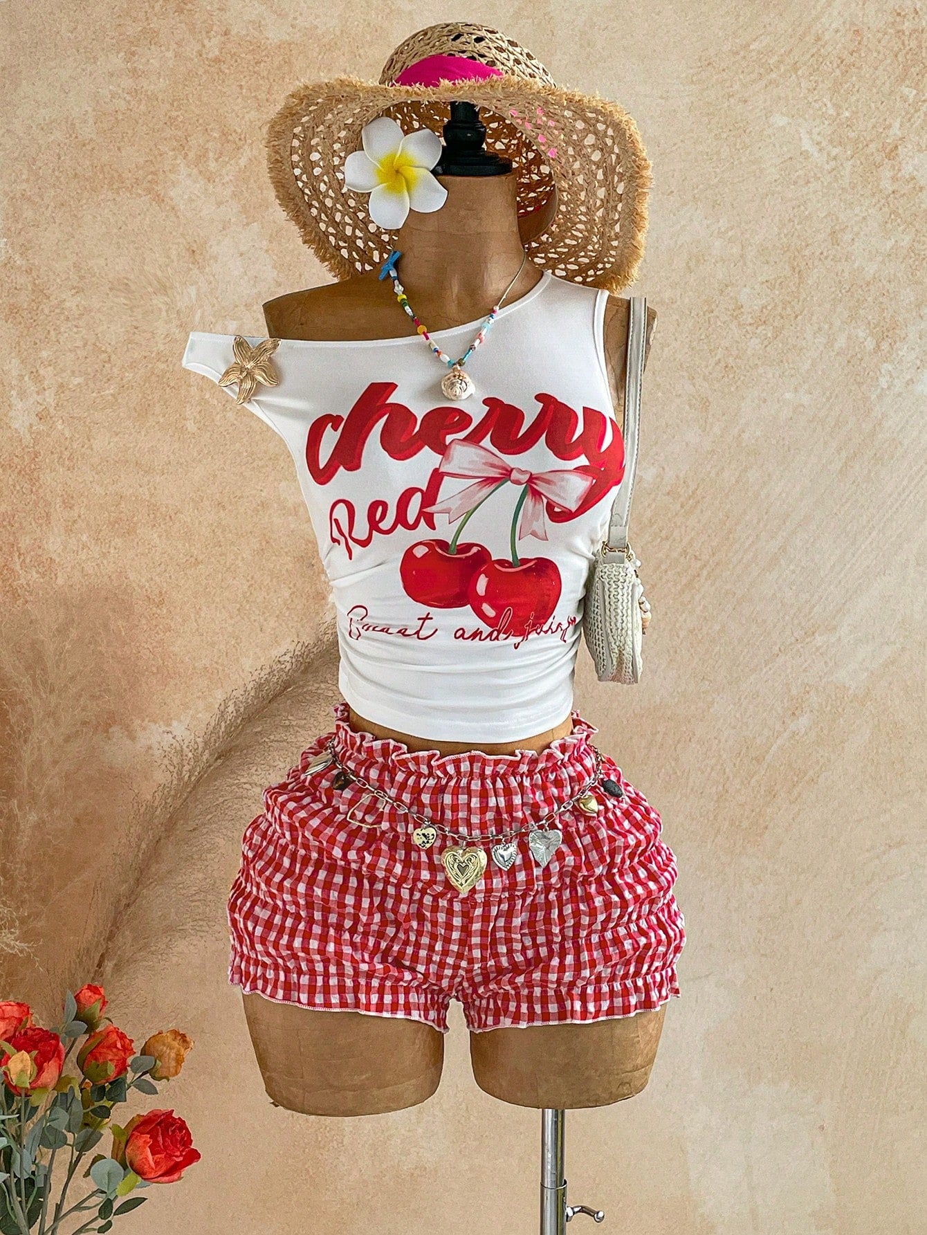 Soleia Women's Cherry Letter Print Asymmetrical Shoulder Top And Plaid Shorts 2-Piece Set Vacation Red And White Red Gingham Summer Cute