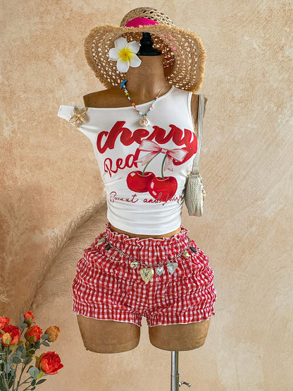 Soleia Women's Cherry Letter Print Asymmetrical Shoulder Top And Plaid Shorts 2-Piece Set Vacation Red And White Red Gingham Summer Cute