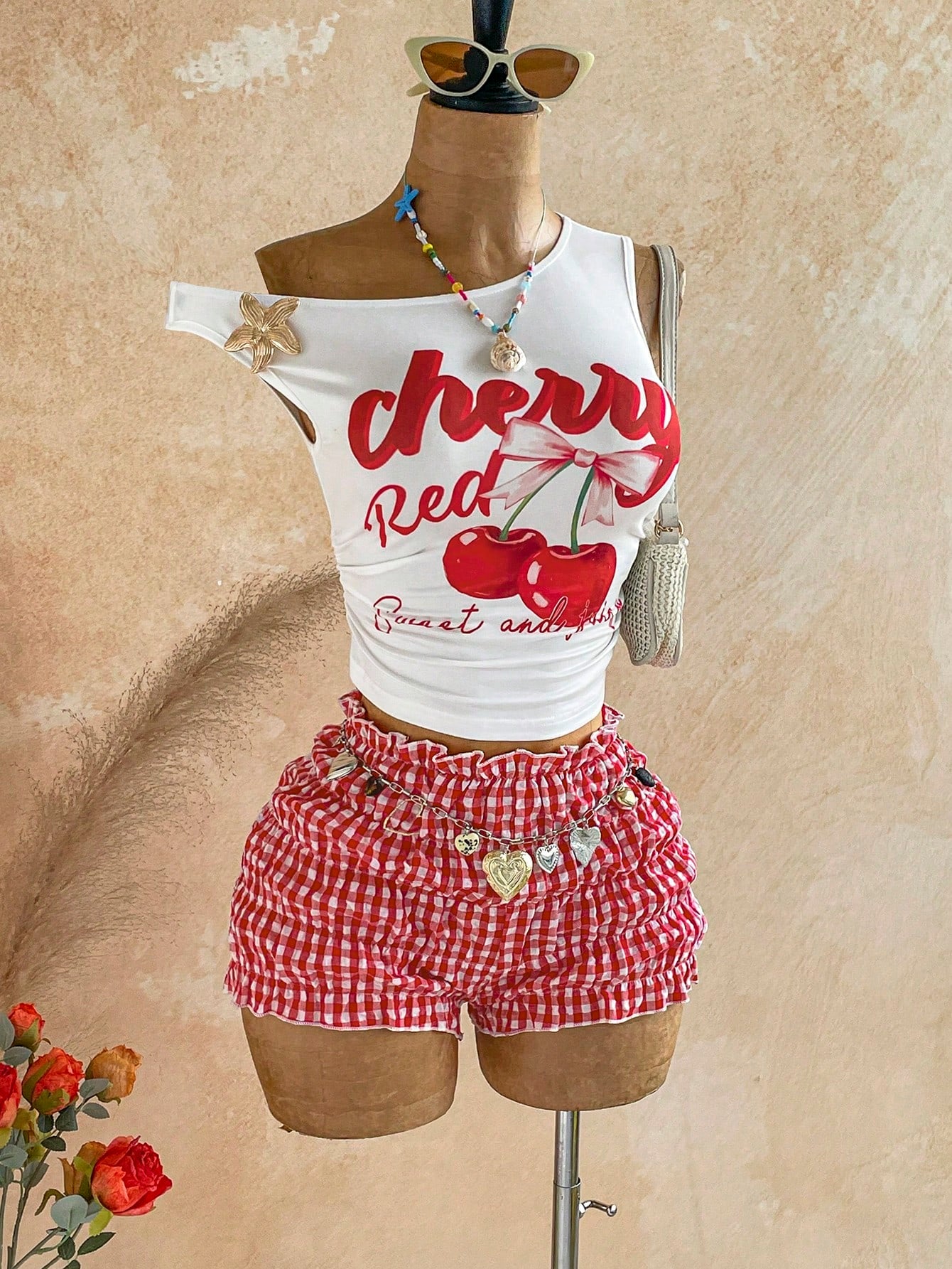 Soleia Women's Cherry Letter Print Asymmetrical Shoulder Top And Plaid Shorts 2-Piece Set Vacation Red And White Red Gingham Summer Cute