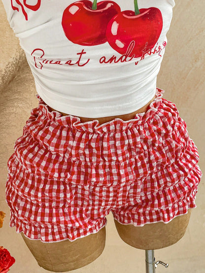 Soleia Women's Cherry Letter Print Asymmetrical Shoulder Top And Plaid Shorts 2-Piece Set Vacation Red And White Red Gingham Summer Cute