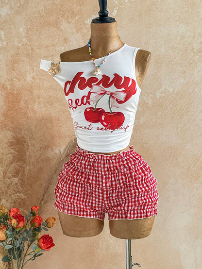 Soleia Women's Cherry Letter Print Asymmetrical Shoulder Top And Plaid Shorts 2-Piece Set Vacation Red And White Red Gingham Summer Cute