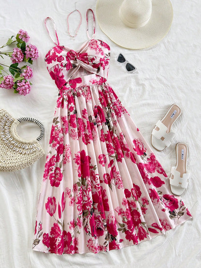 Soleia Women's Floral Print Buttoned Hollow-Out Design Slip Midi Dress For Summer Vacation,Sun Dresses For Women