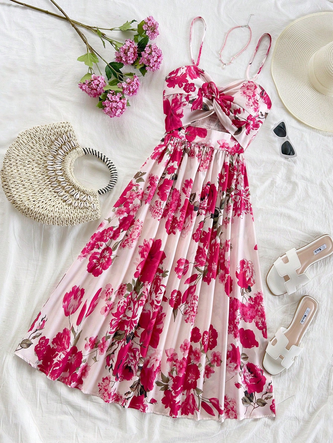 Soleia Women's Floral Print Buttoned Hollow-Out Design Slip Midi Dress For Summer Vacation,Sun Dresses For Women