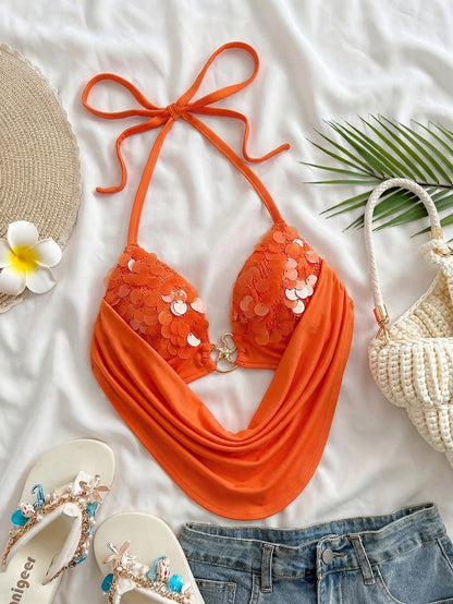 Soleia Women's Orange Red Summer Casual Tropical Halter Backless Sequin Tie-Up Metallic Decor Fit Summer Top No Chest Padding