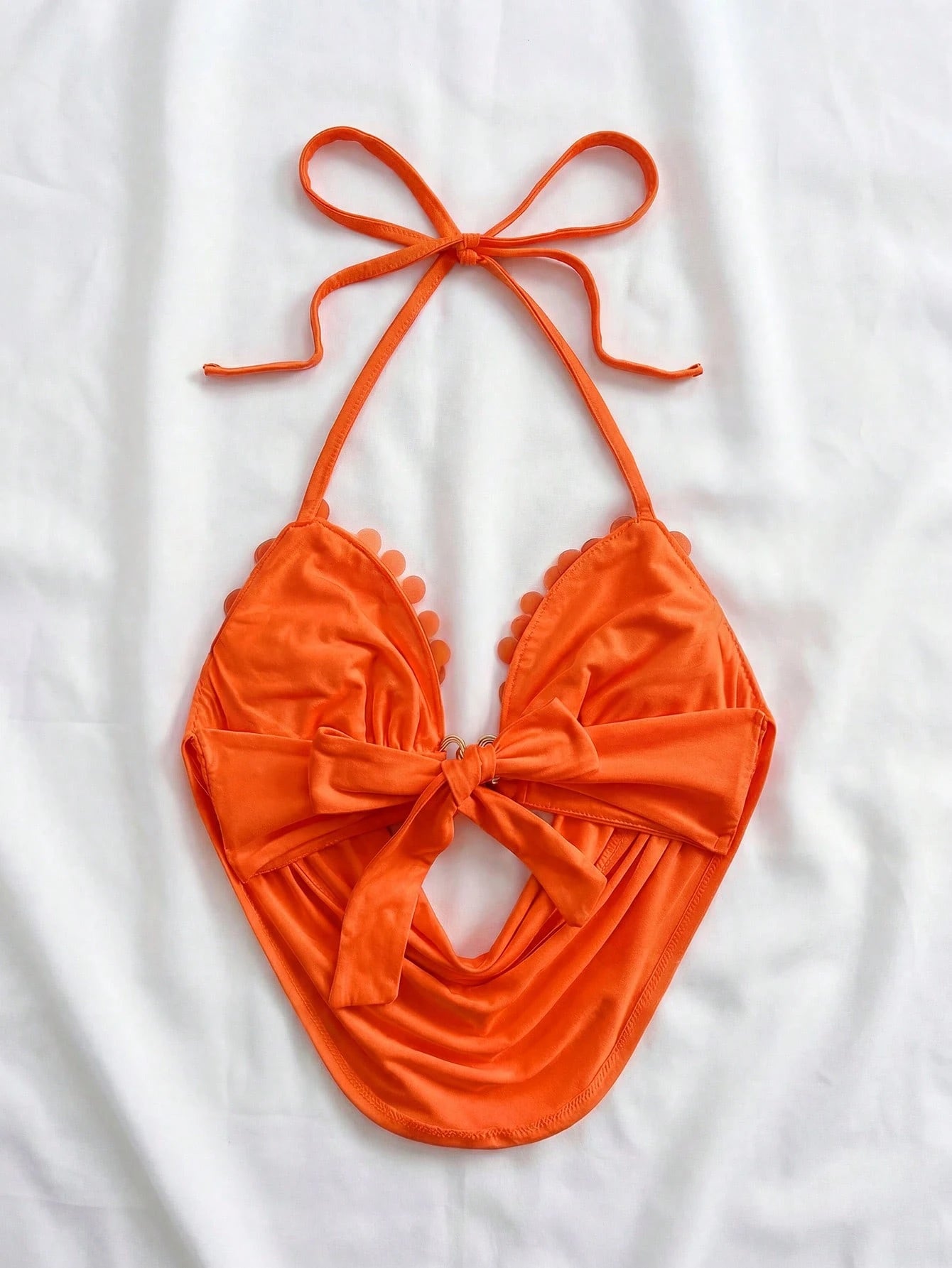 Soleia Women's Orange Red Summer Casual Tropical Halter Backless Sequin Tie-Up Metallic Decor Fit Summer Top No Chest Padding