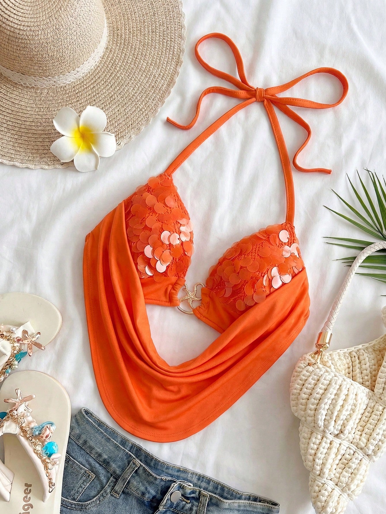Soleia Women's Orange Red Summer Casual Tropical Halter Backless Sequin Tie-Up Metallic Decor Fit Summer Top No Chest Padding