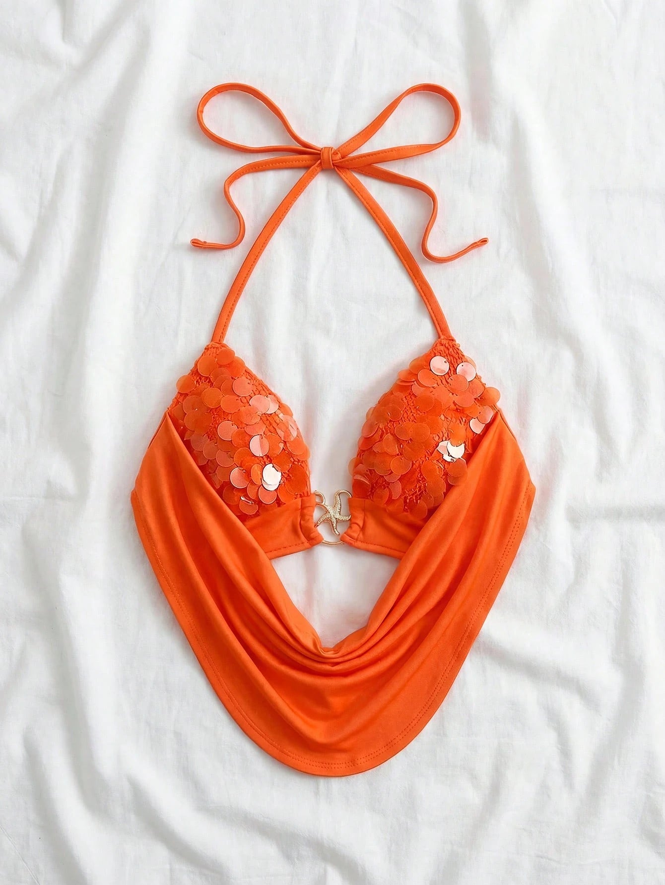 Soleia Women's Orange Red Summer Casual Tropical Halter Backless Sequin Tie-Up Metallic Decor Fit Summer Top No Chest Padding