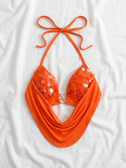 Soleia Women's Orange Red Summer Casual Tropical Halter Backless Sequin Tie-Up Metallic Decor Fit Summer Top No Chest Padding