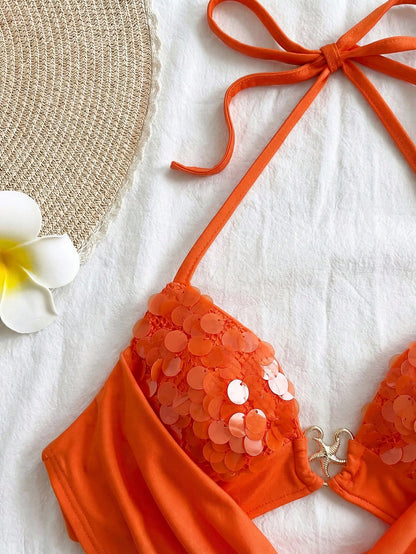 Soleia Women's Orange Red Summer Casual Tropical Halter Backless Sequin Tie-Up Metallic Decor Fit Summer Top No Chest Padding