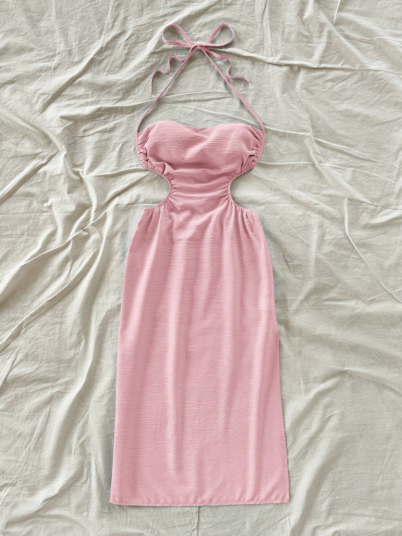 Soleia Women's Soft Pink Summer Casual Beach Holiday Vacation Draped Neck Hollow Out High Slit Backless Tied Waist Midi Dress No Chest Padding